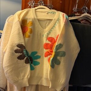 POL Cream V-Neck Sweater with Floral Accents